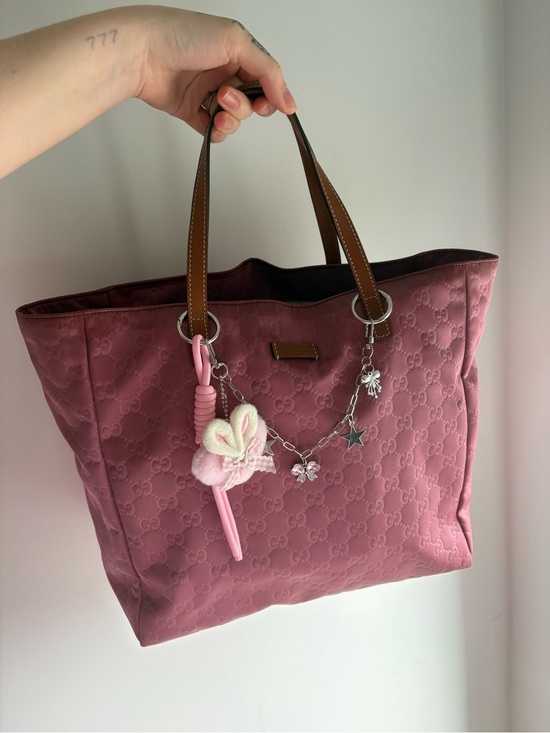Gucci Handbags - Gucci Pink Tote with Brown Leather Handles and Charm Chain